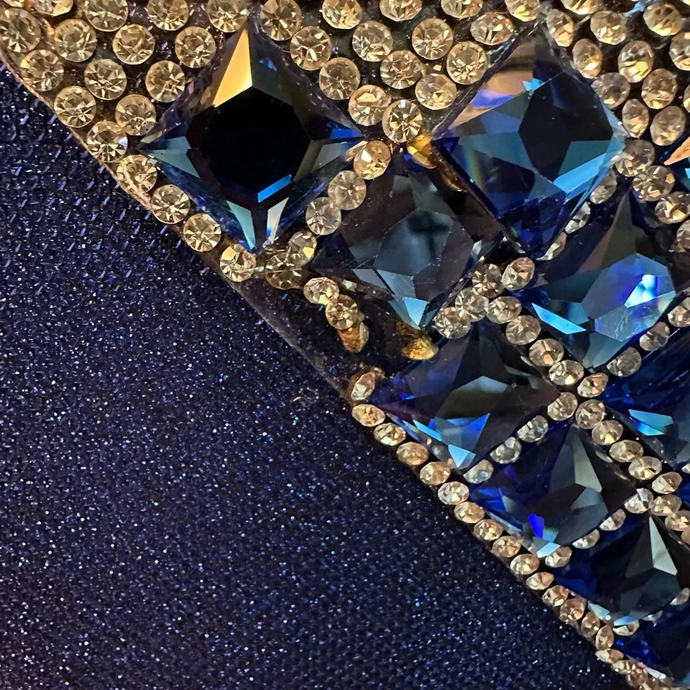 Elegant Blue Clutch with Rhinestone Accents and Chain Shoulder Strap DAMAGED